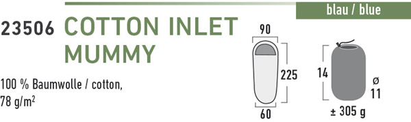 Вкладыш High Peak Cotton Inlett Mummy в спальный мешок, хлопковый, синий, 225 см