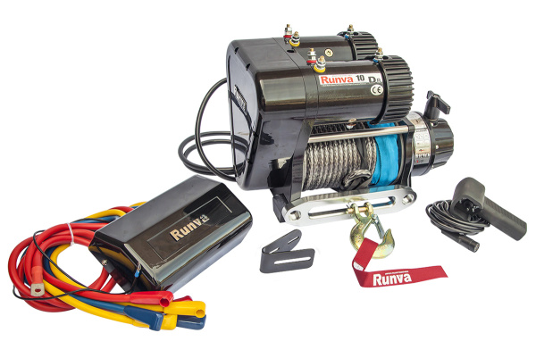 Лебёдка электрическая 12V Runva 10000 lbs 4500 кг двухмоторная (синтетический трос)