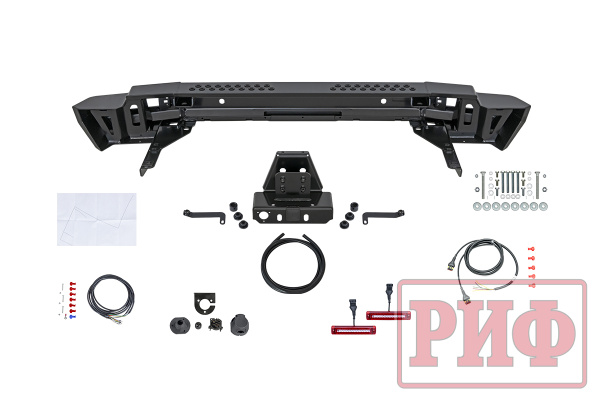 Бампер РИФ силовой задний Toyota Land Cruiser 200 2007-2012 с квадратом под фаркоп и фонарями, стандарт