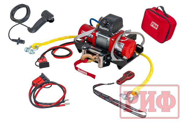 Лебёдка переносная РИФ 9.5XS c квадратом для фаркопа и проводами в сборе, короткий барабан, стальной трос (облегченная)