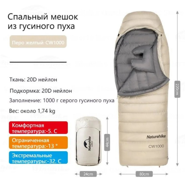 Мешок спальный Naturehike CW1000, 220х80 см, (правый) (ТК: -5C), бежевый