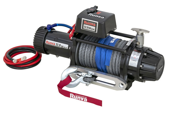Лебёдка электрическая 12V Runva 12000 lbs 5443 кг влагозащищённая, комбин. роспуск, синт. трос