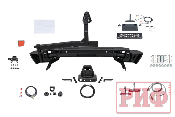 Бампер РИФ силовой задний Toyota Land Cruiser 200 2007-2012 с квадратом под фаркоп, калиткой, фонарями, подсветкой номера, стандарт