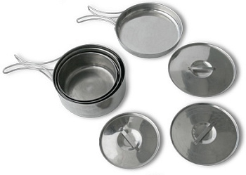 Набор круглых котелков (1,2;1,0;0,6 л) "Три друга и подруга", нерж. сталь, с раскладными ручками