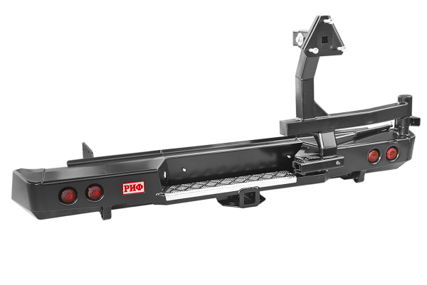 Бампер РИФ силовой задний Isuzu D-MAX с квадратом под фаркоп, калиткой и фонарями, стандарт