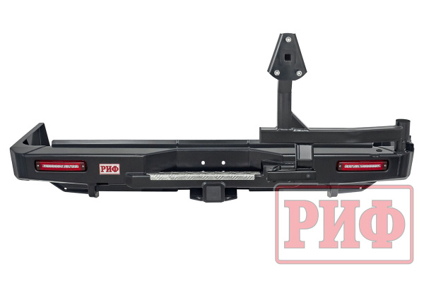 Бампер РИФ силовой задний Toyota Land Cruiser 76 2007-2024 с квадратом под фаркоп, калиткой и фонарями